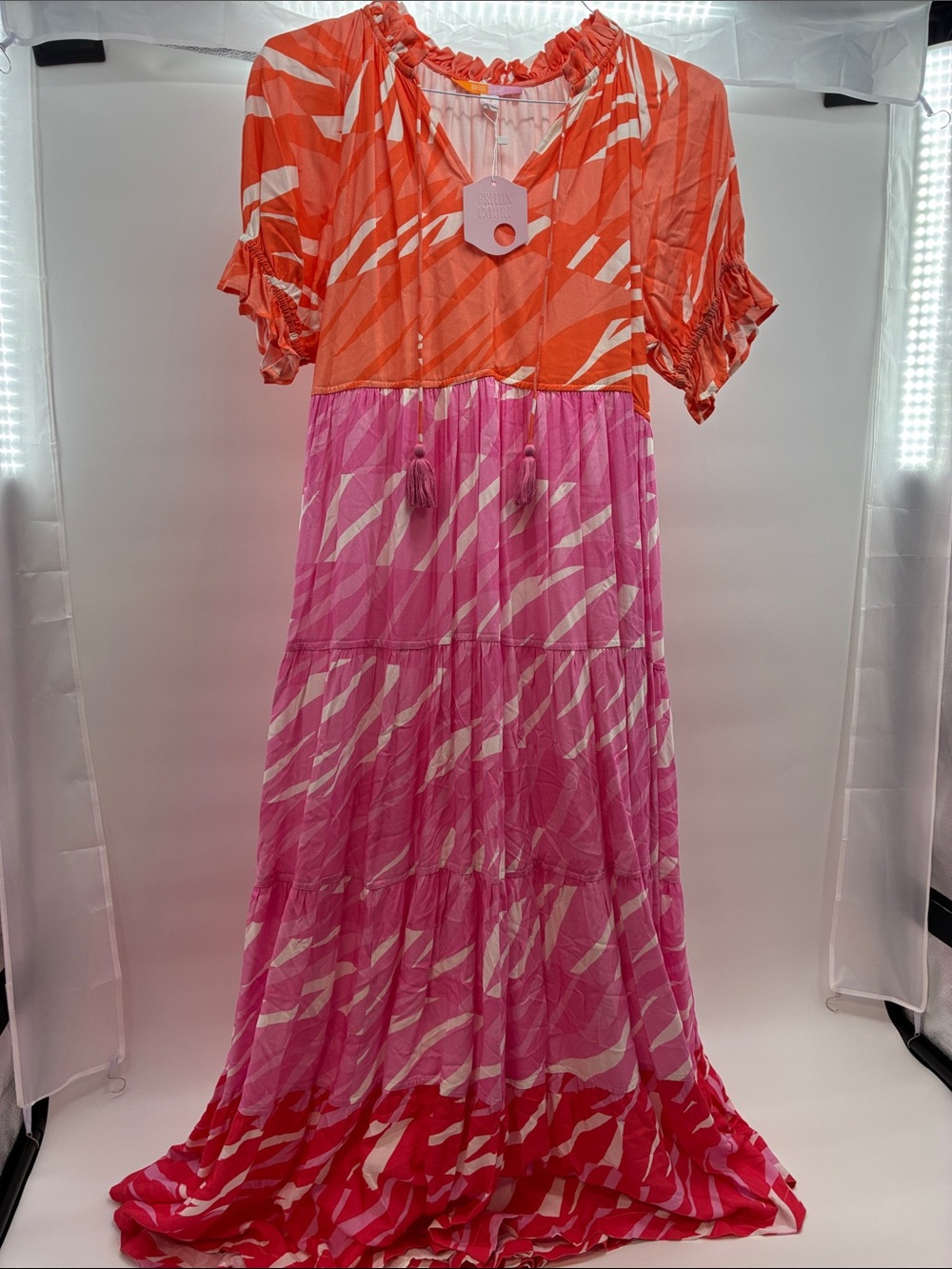 Colorblock Pink & Orange Tiered Women's Maxi Dress